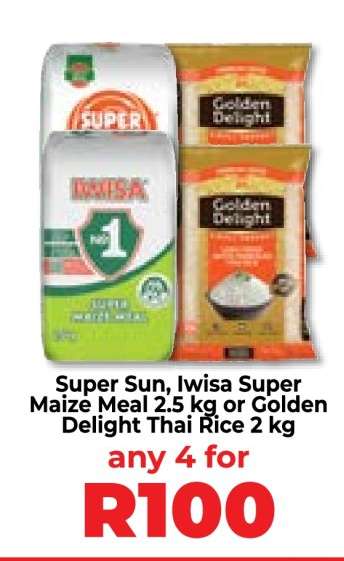 Super Sun, Iwisa Super Maize Meal 2.5 kg or Golden Delight Thai Rice 2 kg