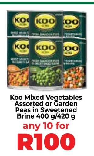 Koo Mixed Vegetables Assorted or Garden Peas in Sweetened Brine 400 g/420 g