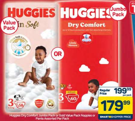Huggies Dry Comfort Jumbo Pack or Gold Value Pack Nappies