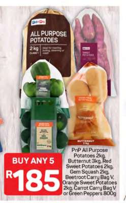 PnP All Purpose Potatoes 2kg, Butternut 3kg, Red Sweet Potatoes 2kg, Gem Squash 2kg, Beetroot Carry Bag V, Orange Sweet Potatoes 2kg, Carrot Carry Bag V or Green Peppers 800g