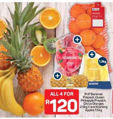 PnP Bananas Prepack, Queen Pineapple Prepack, Citrus Oranges 2.5kg V and Starking Apples 1.5kg