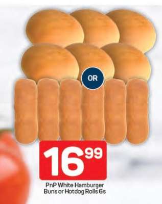 PnP White Hamburger Buns or Hotdog Rolls 6s