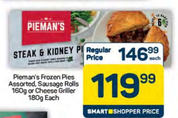 Pieman's Frozen Pies Assorted, Sausage Rolls 160g or Cheese Griller 180g Each