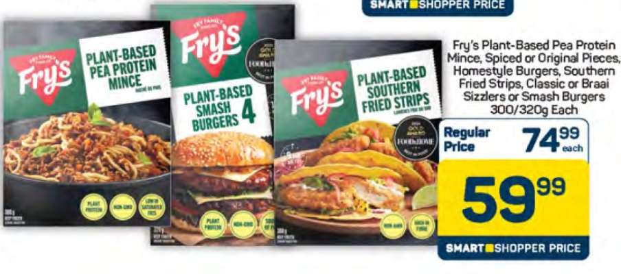 Fry's Plant-Based Pea Protein Mince, Spiced or Original Pieces, Homestyle Burgers, Southern Fried Strips, Classic or Braai Sizzlers or Smash Burgers 300/320g Each