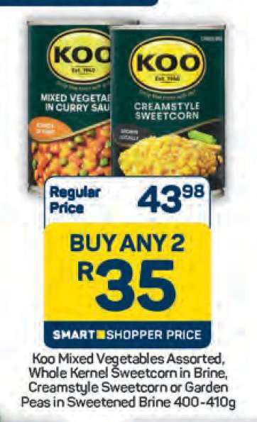 Koo Mixed Vegetables Assorted, Whole Kernel Sweetcorn in Brine, Creamstyle Sweetcorn or Garden Peas in Sweetened Brine 400-410g