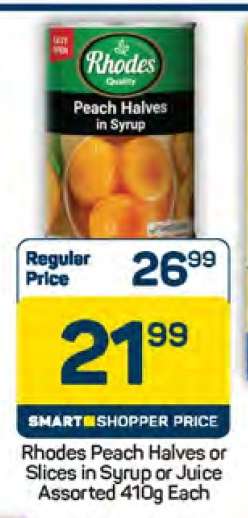 Rhodes Peach Halves or Slices in Syrup or Juice Assorted 410g Each