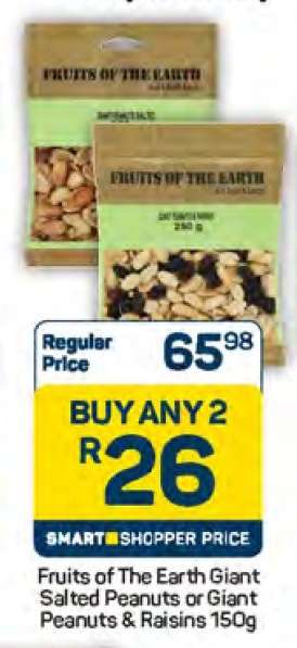 Fruits of The Earth Giant Salted Peanuts or Giant Peanuts & Raisins 150g