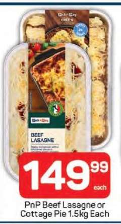PnP Beef Lasagne or Cottage Pie 1.5kg Each