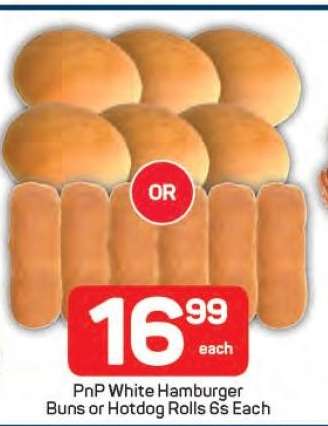 PnP White Hamburger Buns or Hotdog Rolls 6s Each