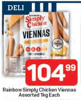 Rainbow Simply Chicken Viennas Assorted 1kg Each