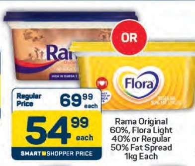 Rama Original 60%, Flora Light 40% or Regular 50% Fat Spread