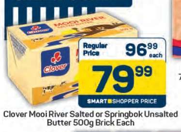 Clover Mooi River Salted or Springbok Unsalted Butter 500g Brick Each