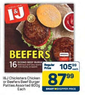 I&J Chicksters Chicken or Beefers Beef Burger Patties Assorted 800g Each
