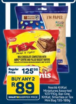 Nestlé KitKat Miniatures Assorted 107/110g, Bar-One, KitKat, Smarties or Tex Mini Bag 135-189g
