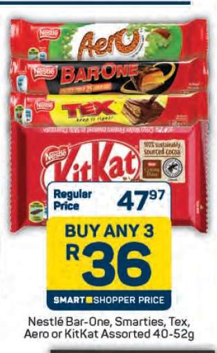 Nestlé Bar-One, Smarties, Tex, Aero or KitKat Assorted 40-52g