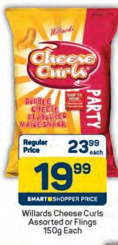 Willards Cheese Curls Assorted or Flings 150g Each