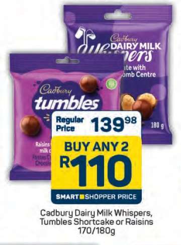 Cadbury Dairy Milk Whispers, Tumbles Shortcake or Raisins 170/180g