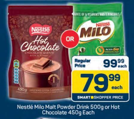Nestlé Milo Malt Powder Drink 500g or Hot Chocolate 450g