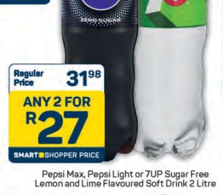 Pepsi Max, Pepsi Light or 7UP Sugar Free Lemon and Lime Flavoured Soft Drink 2 Litre