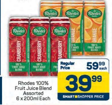 Rhodes 100% Fruit Juice Blend Assorted-6 x 200ml Each