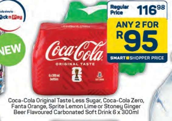 Coca-Cola Original Taste Less Sugar, Coca-Cola Zero, Fanta Orange, Sprite Lemon Lime or Stoney Ginger Beer Flavoured Carbonated Soft Drink 6 x 300ml
