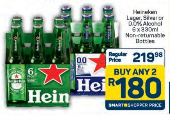 Heineken Lager, Silver or 0.0% Alcohol 6 x 330ml Non-returnable Bottles