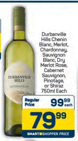 Durbanville Hills Chenin Blanc, Merlot, Chardonnay, Sauvignon Blanc, Dry Merlot Rose, Cabernet Sauvignon, Pinotage, or Shiraz 750ml Each