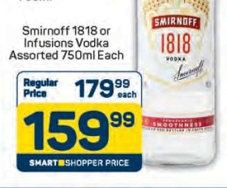 Smirnoff 1818 or Infusions Vodka Assorted 750ml Each
