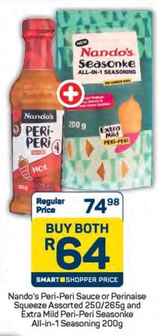 Nando's Peri-Peri Sauce or Perinaise Squeeze Assorted 250/265g and Extra Mild Peri-Peri Seasonke All-in-1 Seasoning 200g