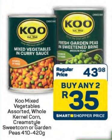 Koo Mixed Vegetables Assorted, Whole Kernel Corn, Creamstyle Sweetcorn or Garden Peas 410-420g