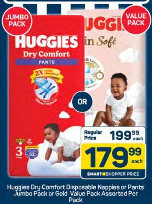 Huggies Dry Comfort Disposable Nappies or Pants Jumbo Pack or Gold Value Pack Assorted Per Pack