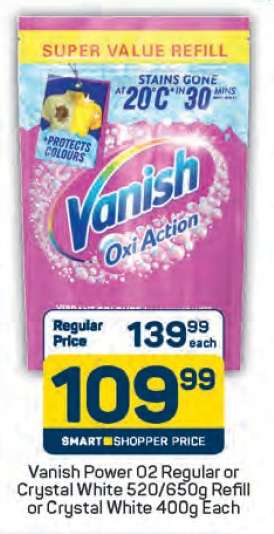 Vanish Power O2 Regular or Crystal White 520/650g Refill or Crystal White 400g Each