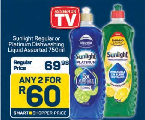 Sunlight Regular or Platinum Dishwashing Liquid Assorted 750ml