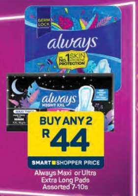 Always Maxi or Ultra Extra Long Pads Assorted 7-10s