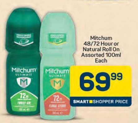 Mitchum 48/72 Hour or Natural Roll On Assorted 100ml Each