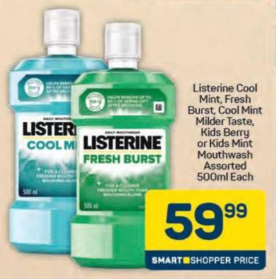 Listerine Cool Mint, Fresh Burst, Cool Mint Milder Taste, Kids Berry or Kids Mint Mouthwash Assorted 500ml Each