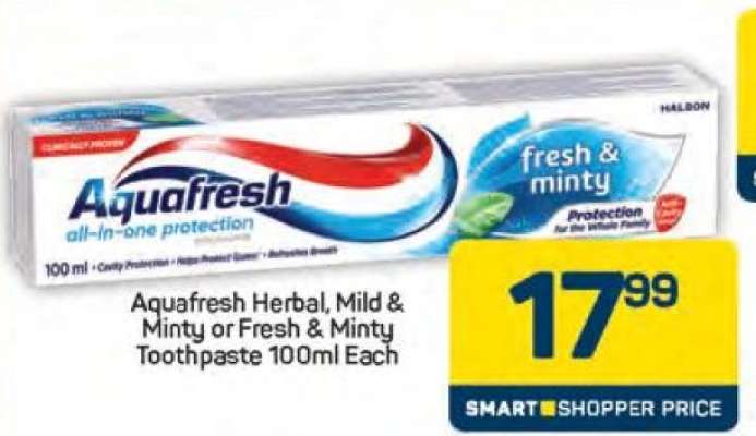AquaFresh Herbal, Mild & Minty or Fresh & Minty Toothpaste 100ml Each