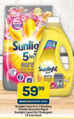Sunlight Auto 5-in-1 Washing Powder Assorted 2kg or Sunlight Liquid 2in1 Detergent 1.5 Litre Each