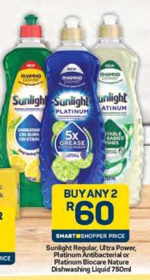 Sunlight Regular, Ultra Power, Platinum Antibacterial or Platinum Biocare Nature Dishwashing Liquid 750ml