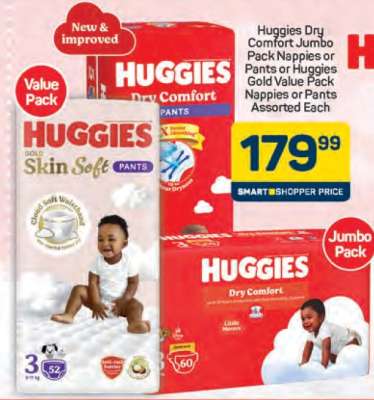 Huggies Dry Comfort Jumbo Pack Nappies or Pants or Huggies Gold Value Pack Nappies or Pants Assorted Each