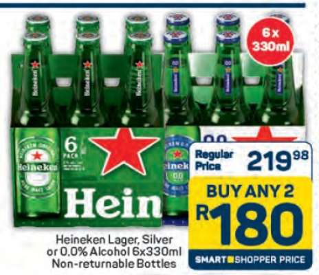 Heineken Lager, Silver or 0.0% Alcohol 6x330ml Non-returnable Bottles