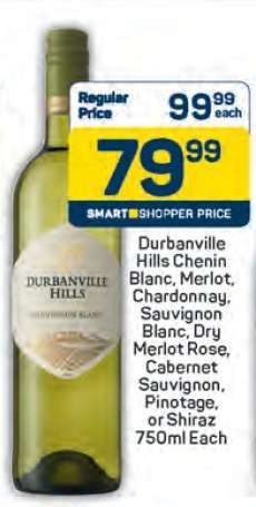 Durbanville Hills Chenin Blanc, Merlot, Chardonnay, Sauvignon Blanc, Dry Merlot Rose, Cabernet Sauvignon, Pinotage, or Shiraz 750ml Each
