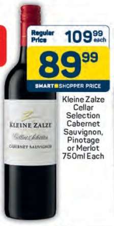 Kleine Zalze Cellar Selection Cabernet Sauvignon, Pinotage or Merlot 750ml Each