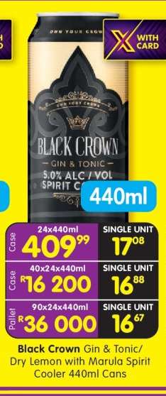 BLACK CROWN GIN & TONIC/DRY LEMON WITH MARULA SPIRIT COOLER 440ml cans