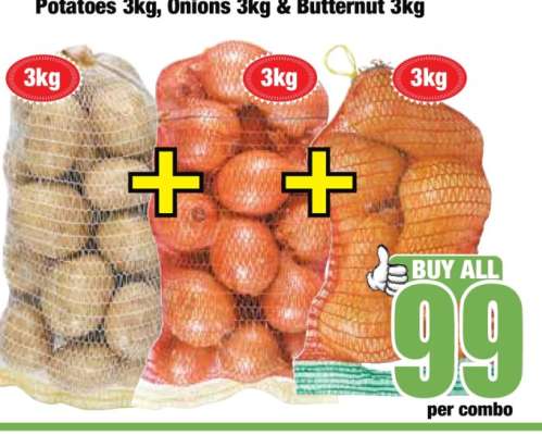 Potatoes 3kg, Onions 3kg & Butternut 3kg