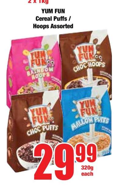 YUM FUN Cereal Puffs / Hoops Assorted
