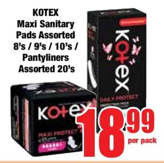 KOTEX Maxi Sanitary Pads Assorted 8's / 9's / 10's / Pantyliners Assorted 20's
