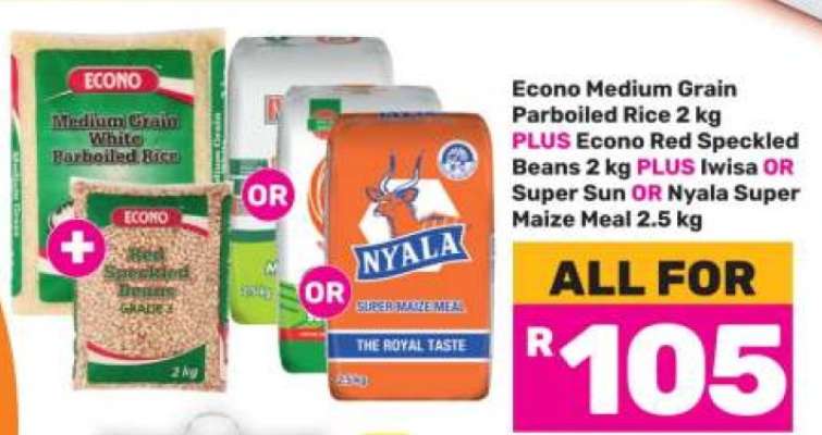 Econo Medium Grain Parboiled Rice 2 kg PLUS Econo Red Speckled Beans 2 kg PLUS Iwisa OR Super Sun OR Nyala Super Maize Meal 2.5 kg
