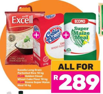 Excella Long Grain Parboiled Rice 10 kg, Golden Cloud Wheat Cake Flour 10 kg, Econo Super Maize Meal 10 kg