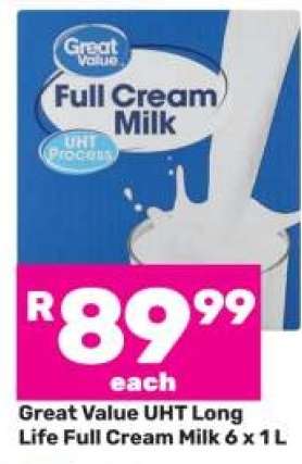 Great Value UHT Long Life Full Cream Milk 6 x 1 L